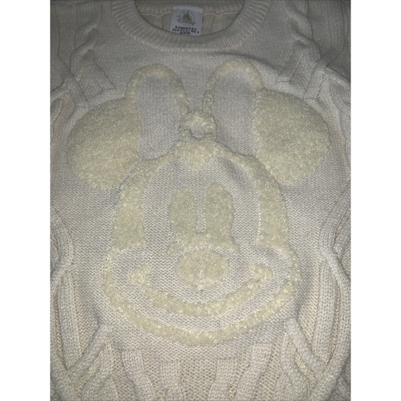 Disney Sweater Women Medium Ivory Cable Knit MINNIE MOUSE Large Logo Classic - Picture 2 of 8